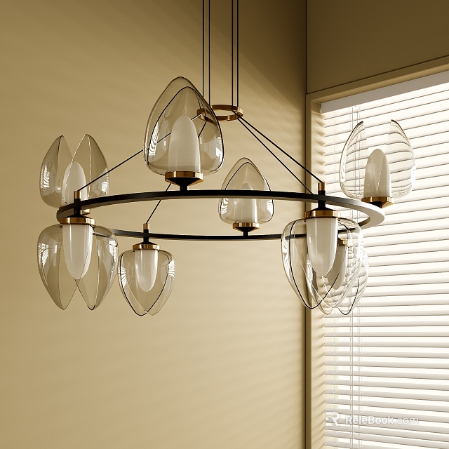 Modern Glass Chandelier with Petal Shaped Shades Black Metal Frame Gold Accents for Elegant Room 3d model 