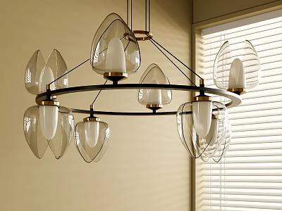 Modern Glass Chandelier with Petal Shaped Shades Black Metal Frame Gold Accents for Elegant Room 3d model