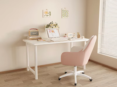 White Desk Setup With Laptop Radio Books Flowers Pink Chair Decorative Paintings Near Window Blinds 3d model