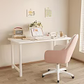White Desk Setup With Laptop Radio Books Flowers Pink Chair Decorative Paintings Near Window Blinds