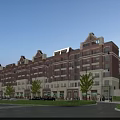 Mid Rise Residential Building With Red Brick Facade White Accents Balconies And Street Trees