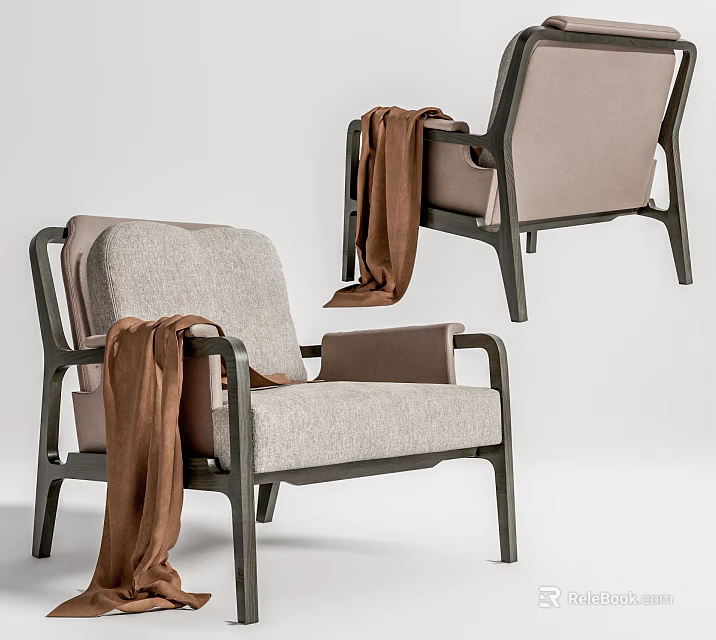Comfortable Modern Leisure Chair With Gray Fabric Black Metal Frame And Brown Throw Blanket 3d model 