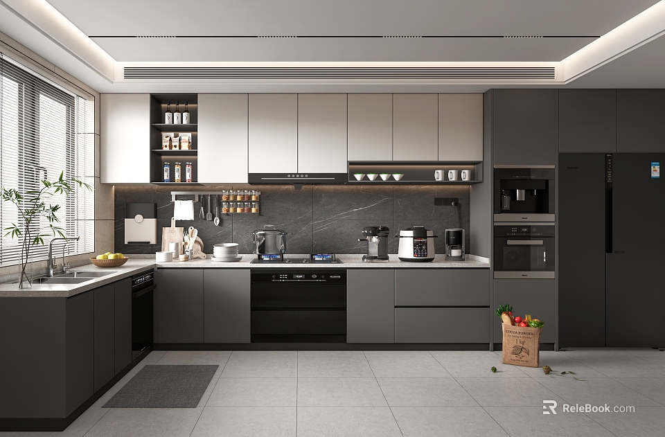 Modern Kitchen Interior Design With Grey Cabinets Countertop Appliances And Tile Floor 3d model 