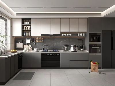 Modern Kitchen Interior Design With Grey Cabinets Countertop Appliances And Tile Floor 3d model