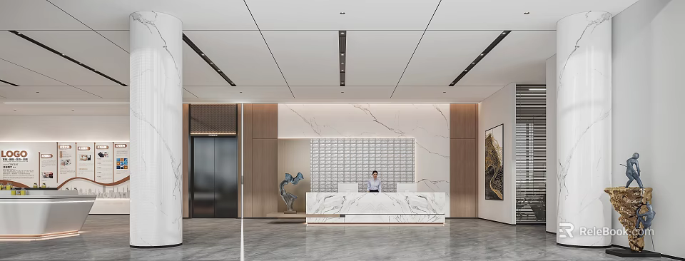 Modern Front Desk Reception Area With Marble Counter Receptionist And Decorative Elements 3d model 