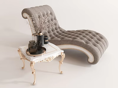 Gray Button Tufted Lounge Chair With Scroll Arms White Trim And White Gold Side Table 3d model