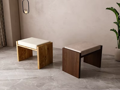Two Modern Stools With Wooden Frames And Different Colored Cushions In Indoor Setting 3d model