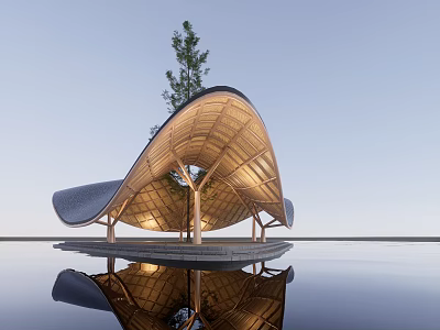 Elegant Garden Landscape Featuring Curved Wooden Pavilion Tree And Water Reflection 3d model