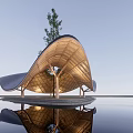 Elegant Garden Landscape Featuring Curved Wooden Pavilion Tree And Water Reflection