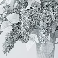 White Lilac Flowers Arrangement in Transparent Textured Vase with Green Leaves and Scattered Blooms