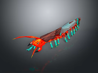 Vibrant Red Fantasy Creature Character With Long Antennae Brown Exoskeleton And Teal Legs 3d model