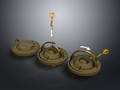 Mechanical Rotating Components With Circular Bases Golden Decorative Parts And Rotational Arrows 3d model