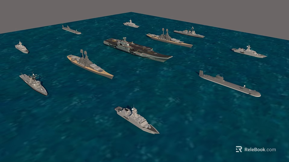 Multiple Warships Sailing Together On Blue Sea Surface With Different Sizes 3d model 