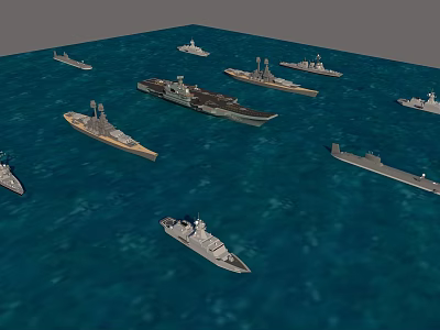 Multiple Warships Sailing Together On Blue Sea Surface With Different Sizes 3d model