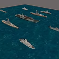 Multiple Warships Sailing Together On Blue Sea Surface With Different Sizes