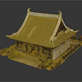 Traditional Ancient Architecture Model With Tile Roof Overhanging Eaves And Surrounding Greenery