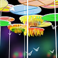 Colorful Circular Pendant Lights Hanging With Metal Rods And Colorful Halos Background