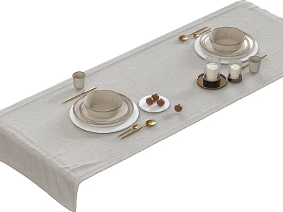 Elegant Tableware Set On Light Gray Tablecloth With Spoons Forks Cups Nuts And Candle 3d model