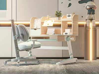 Modern Adjustable Kids Desk and Chair Set With Bookshelf Table Lamp Green Plant 3d model