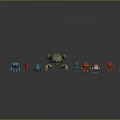 Vibrant Game And Movie Robot Characters Featuring Large Central Green And Smaller Colored Robots