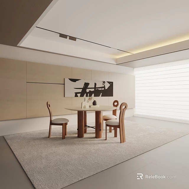 Modern Round Dining Table Set With Wooden Chairs Area Rug And Wall Artwork 3d model 