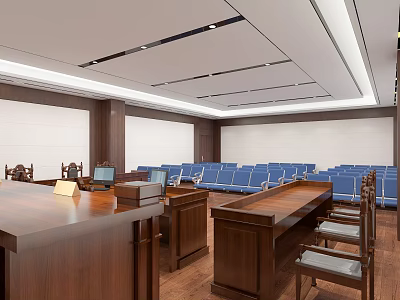 Modern Courtroom Interior With Wooden Judge Bench Counsel Tables And Blue Seats 3d model