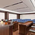 Modern Courtroom Interior With Wooden Judge Bench Counsel Tables And Blue Seats