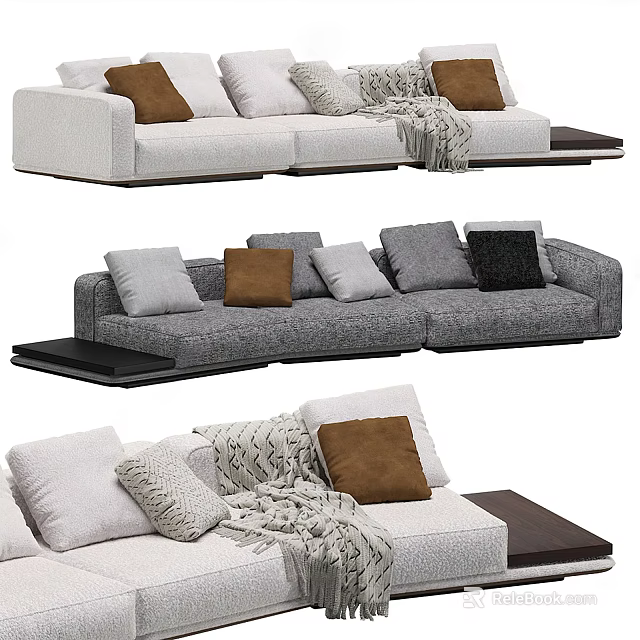 Multi Seater Sofa With Grey White Upholstery Brown Grey Pillows Knit Blanket And Side Table 3d model 