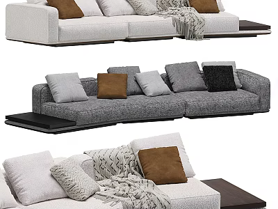 Multi Seater Sofa With Grey White Upholstery Brown Grey Pillows Knit Blanket And Side Table 3d model