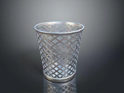 Silver Metal Trash Can With Diamond Lattice Design On Black Surface And Reflection 3d model