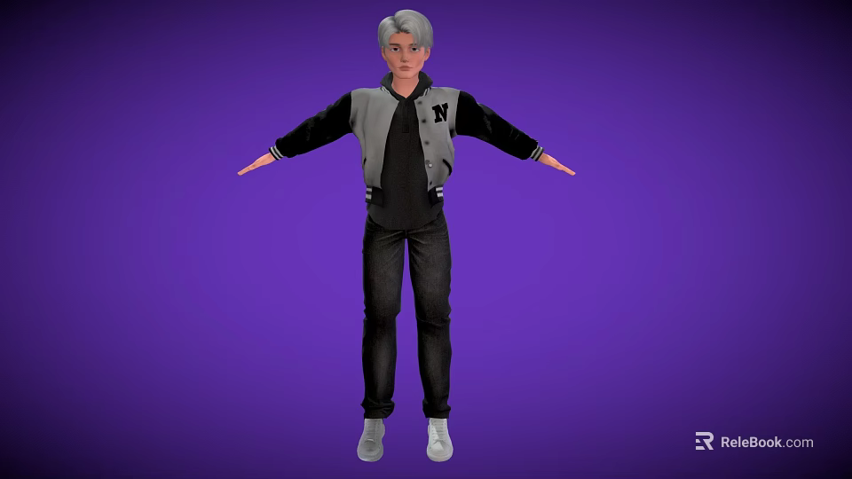 Man In Gray Black Jacket Black T Shirt Dark Pants White Shoes Against Purple Background 3d model 