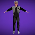 Man In Gray Black Jacket Black T Shirt Dark Pants White Shoes Against Purple Background