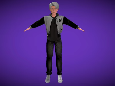 Man In Gray Black Jacket Black T Shirt Dark Pants White Shoes Against Purple Background 3d model