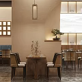 Modern Restaurant Interior With Wooden Lattice Decor Hanging Pendant Lights Potted Bonsai And Dining Tables