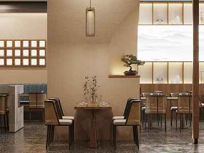 Modern Restaurant Interior With Wooden Lattice Decor Hanging Pendant Lights Potted Bonsai And Dining Tables 3d model