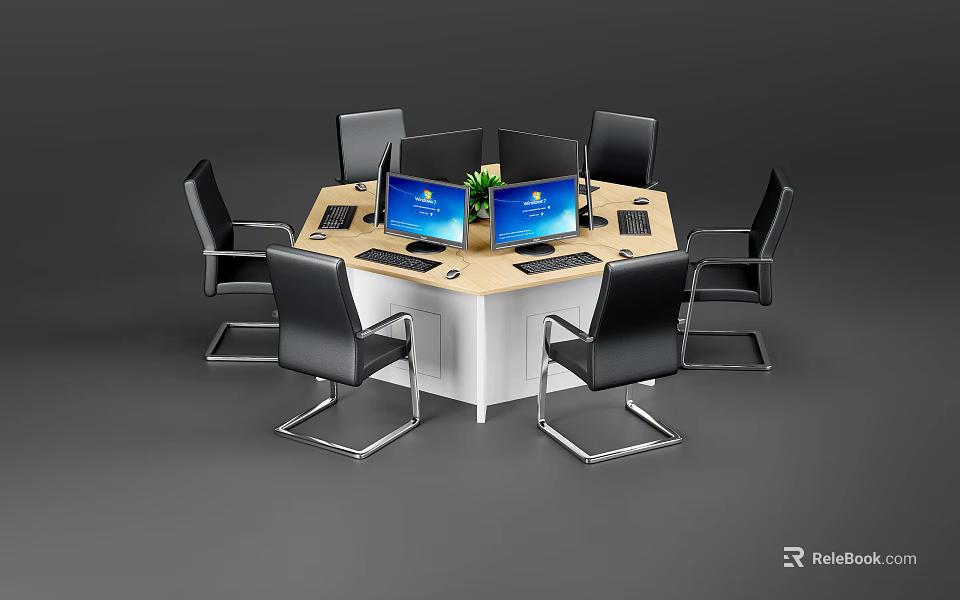 Modern Hexagonal Office Desk With Multiple Monitors And Black Chairs 3d model