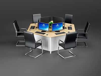 Modern Hexagonal Office Desk With Multiple Monitors And Black Chairs 3d model