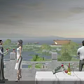 Scenic Garden Landscape on Outdoor Terrace with Greenery Lake Pavilion and Mountains