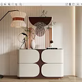 Modern Entryway Console Cabinet Sideboard Geometric Design White Brown With Floor Lamp Decorative Painting Vase