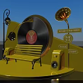Vibrant Yellow Music Display With Vinyl Record Bench Street Lamp Gramophone And Speakers