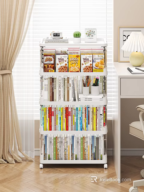 Multi tiered Bookshelf With Organized Colorful Books Stationery And Snack Boxes In Home Office 3d model 