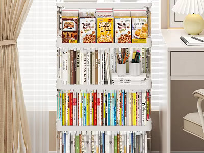 Multi tiered Bookshelf With Organized Colorful Books Stationery And Snack Boxes In Home Office 3d model