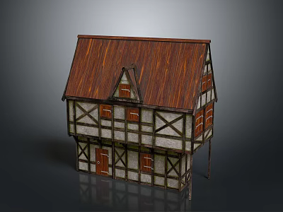 Traditional Two Story Timber Framed Building With Wooden Roof And White Plastered Walls 3d model