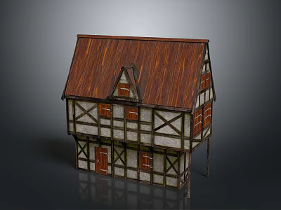 Traditional Two Story Timber Framed Building With Wooden Roof And White Plastered Walls 3d model