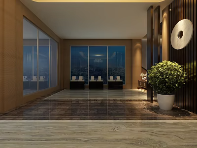 Modern Sales Office Lobby With Spacious Interior Floor to Ceiling Windows and Decorative Plant 3d model