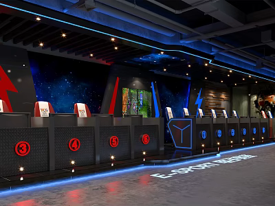 Modern Esports Cafe Interior With Gaming Seats RGB Lighting And Starry Wall 3d model