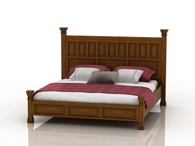 Classic Wooden Double Bed With Panel Headboard Decorative Pillows And Pink Blanket 3d model