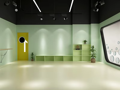 Modern Fitness Studio Interior With Light Green Walls Black Ceiling Yellow Door And Balance Beam 3d model