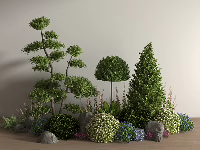 Decorative Garden Shrubs With Rounded Conical Shapes Green Foliage And Stones 3d model