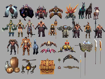 Game And Movie Characters With Various Designs Including Warriors Animals Machinery And Props 3d model